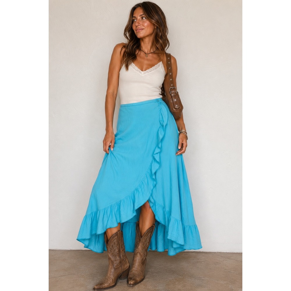 Vintage Maria Gabrielle Linen Wrap Maxi Skirt Turquoise Boho Western XL